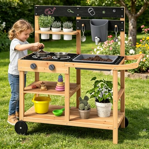 Image of HONEY JOY Mud Kitchen with Wheels, Fir Wood Outside Play Kitchen for Toddlers, Realistic Faucet & Water Tank, Stoves, Sink, Storage Shelf, Planter Cups, Mud Table for Kids Outdoor Backyard