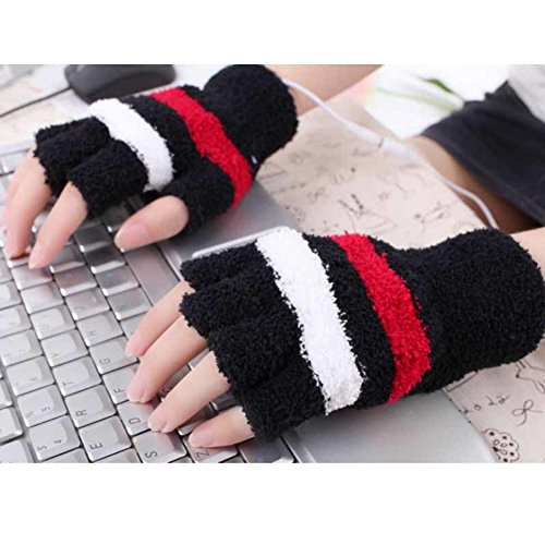 New Black Laptop USB Heating Winter Warm Hot Hands Gloves Heated Warmer Woolen Fingerless