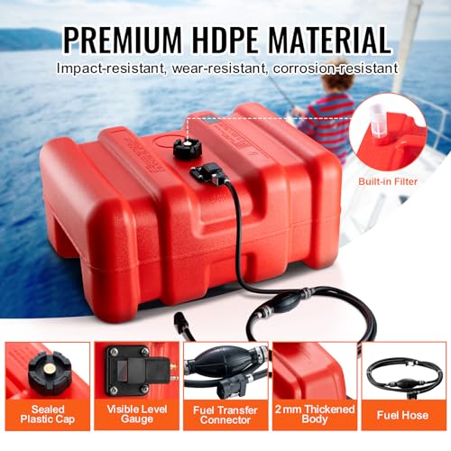 VEVOR Portable Fuel Tank, 12 Gallon/55L, Plastic Outboard Marine Tank with Hose, Easy to Carry for Yacht, Fishing, Deck Boats, Red