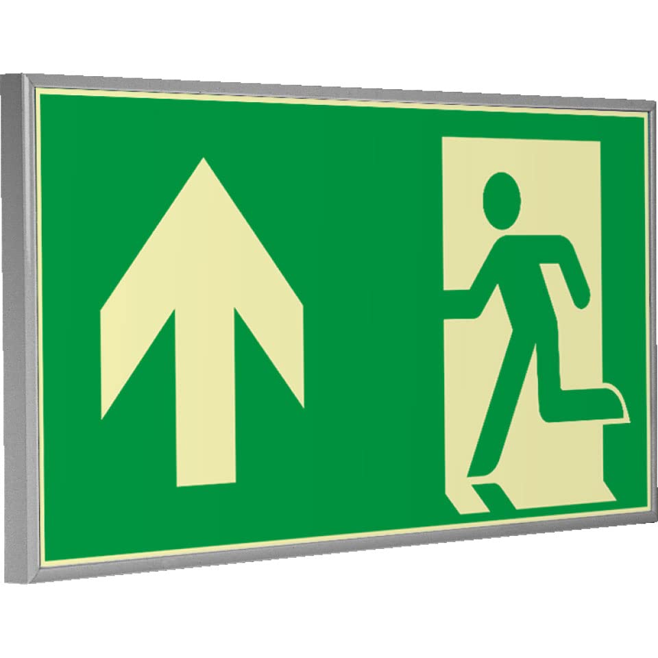 Schild | PERMALIGHT power langnachleuchtend Rettungszeichen geradeaus, Rahmen silber, ASR/ISO, Kunststoff, 300x150mm