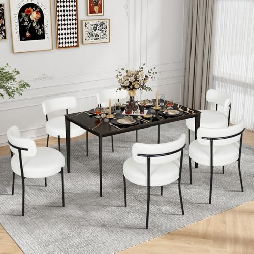 ARTETHYS Esszimmerstühle 6er Set, gepolsterte küchenstühle, Polsterstühle mit Rückenlehnen Metallbeinen, Modern Teddy Stoff Boucle Stühle, Dining Chairs für Esszimmer, Küchen, Wohnzimmer(Beige)