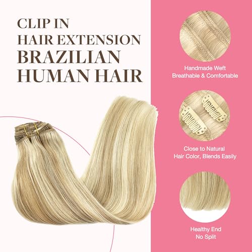 Image of GOO GOO Clip in Hair Extensions Real Human Hair, Remy Human Hair Extensions Clip ins for Women, Natural Human Hair, 22inch 150g 9Pcs, 18A /613A Dark Blonde Highlighted Bleach Blonde