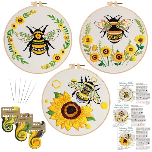 Image of Nuberlic 3 Pack Embroidery Kit for Beginner Adults, Cross Stitch Set with Cute Bee Patterns, Includes Cloth, Hoops, Threads, Needles, Instructions
