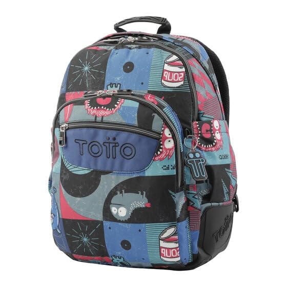TOTTO - Mochila Escolar Grande, Modelo Rayol, Capacidad 19 L, 3 Compartimentos, 2 Bolsillos Botella, Bolsillo PC 14", Espaldar Ergonómico con Flujo de Aire, Correas en S, Estampado Cyber Monstruos