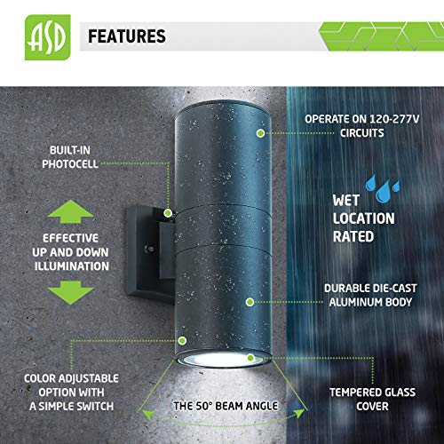 ASD LED Cylinder Up and Down Lights Outdoor with Photocell Dusk to Dawn 18W (120W Eq) 1500Lm 120-277V 3000K-4000K-5000K Adjustable, Black Patio Wall Light Fixture, Wet Rated, ETL & Energy Star,6-Pack