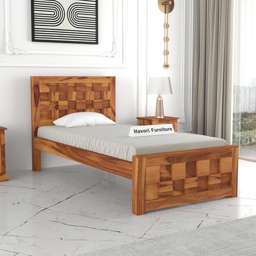 Image of Solid Sheesham Wood Single Size Bed Without Storage for Bedroom Living Room Single Cot for Home Wooden Palang for Hotel (Honey, Size 6 * 4)