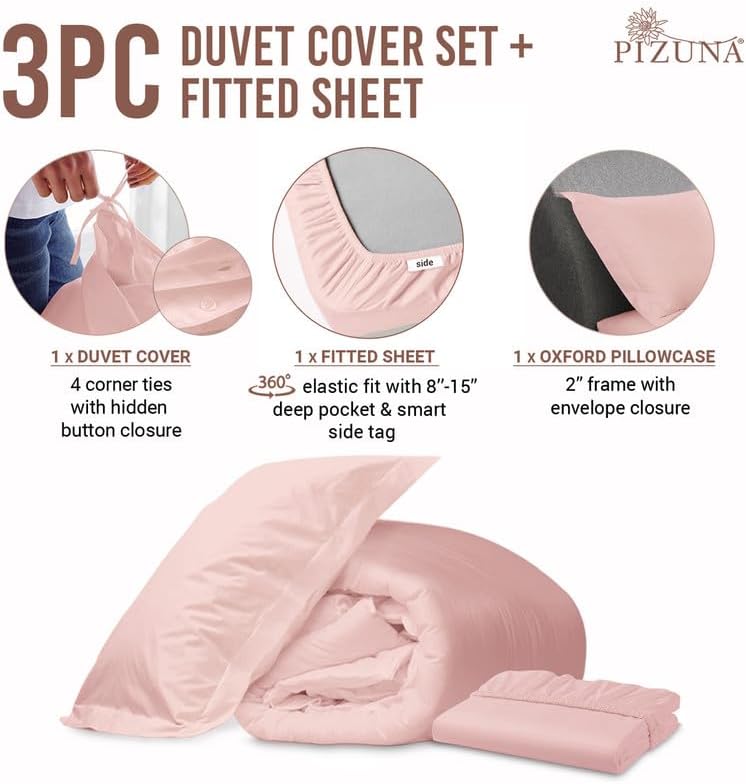 Miniatura 3 de Pizuna Juego de funda de edredón de 3 piezas de 100 % algodón, tamaño King + 1 sábana bajera de 400 hilos, tejido de satén rosa claro, lujoso juego