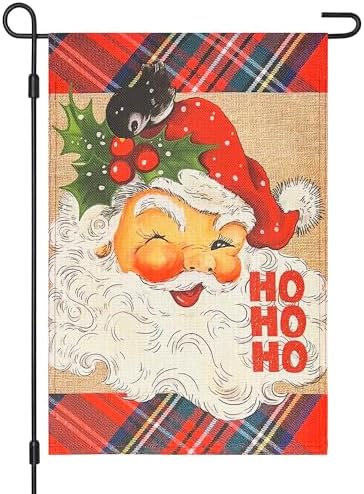 Santa Claus Christmas Garden Flag Double Sided 12×18 Inch Burlap,Holly Leaf Berries Small Bird Ho Ho Ho Red Tartan Stewart Check Holiday Seasonal Yard Outdoor Decoration