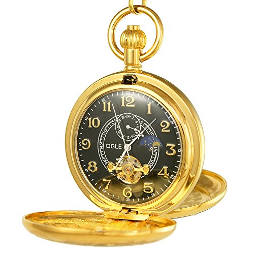 OGLE Vintage Copper Double Cover Tourbillon Phases Moon Chain Fob Self Winding Automatic Mechanical Pocket Watch/Gold Dial (Black Dial)