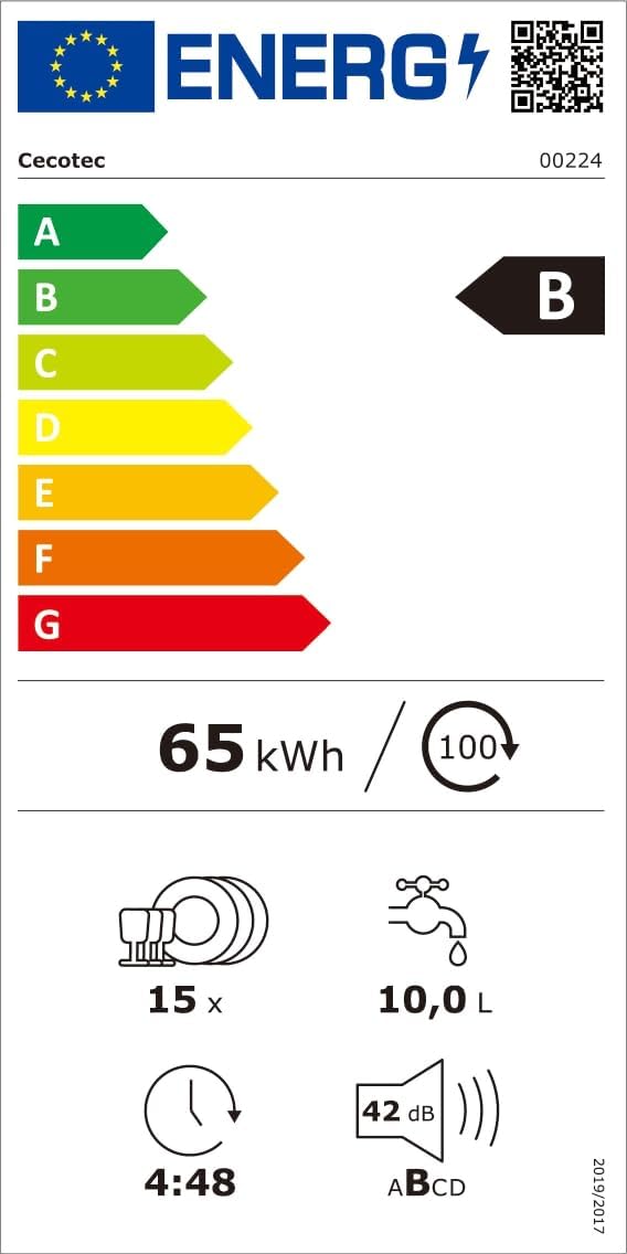EU Energy Label for Cecotec Dishwasher Model 00224, showing Class B efficiency, 65 kWh/100 cycles, 15 place settings, 10.0 L water, 4:48 duration, and 42 dB noise level.