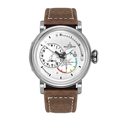 Reef Tiger Steel Sport Watches Brown Leather Strap Automatic Watches RGA3019 (RGA3019-YBS)