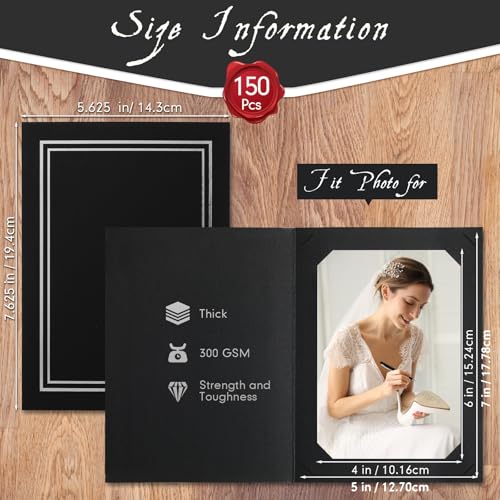 Image of Fainne 150 Pcs Photo Folders for 4x6 or 5x7 Pictures Photo Frame Note Cards Paper Greetings Cardboard Inserts Cards Picture Insert Notecard for Portraits(Black, Silver Lining)