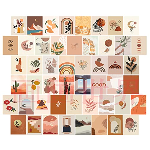 APOHALO 50PCS Boho Aesthetic Pictures Wall Collage Kit, Peach Teal Photo Collection Collage Dorm Decor for Girl Teens and Women, Orange Boho Wall Prints Kit, Small Posters for Room Bedroom Aesthetic