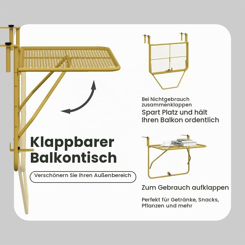 vidaXL Balkontisch Klappbar Balkonhängetisch Hängetisch Klapptisch Gartentisch Tisch Balkon Beistelltisch Balkonklapptisch Golden 60x40cm Stahl
