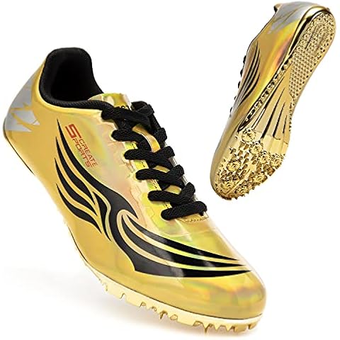 THESTRON Unisex Track Spikes Running Sprint Shoes Track & Field Shoes for Men Women Kids Cool Racing Running Sneakers (8,Gold) Cover