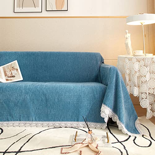 Dreamingo Blue Chenille Couch Cover Pet Protector Sofa Covers For Dogs Solid Universal Furniture Couch Covers For 3 Cushion Couch Modern Living Room Sectional L Shaped Couch Cover, 71"X150" #TOP6