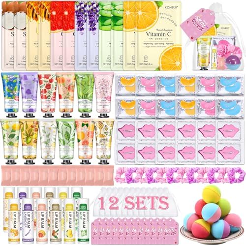 KONEUK 120 PCS Spa Party Supplies for Women, Spa Party Favors Include Face Masks Skincare, Hand Cream, Lip Balm, Under Eye Patches, Lip Mask and Foot Bath Bombs, Spa Birthday Sleepover Party Supplies
