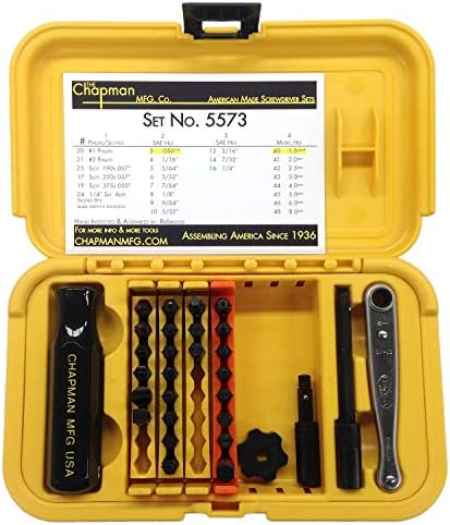 Chapman MFG 5573 Deluxe Standard Screwdriver Set - 30 Pieces - Includes Phillips, Slotted, SAE & Metric MM Hex Bits, Complete Set Offers 24 USA Made Insert Bits, Mini Ratchet Hand Tool + Open Slots