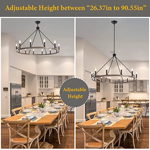 Image of 12-Lights Brown Wagon Wheel Chandelier Industrial Hanging Light Fixture for Dining Room Farmhouse Round Chandeliers for Living Room Foyer Hallway Kitchen Island Entryway