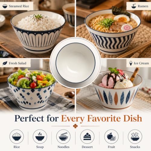 Image of Ceamic Bowl Set of 6, Microwave Safe Dinner Bowls, BPA & Lead-Free Stoneware Serving Bowls, Chip Resistant Floral Bowls for Snacks, Rice, Fruits & Salad, Elegant Kitchenware for Dining Gifting