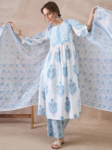 Image of INDO ERA Women Pure Cotton Kurta Set with Dupatta | Festive Suit Set