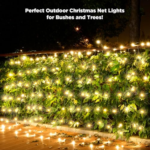 Image of Led Net Lights Christmas Lights Outdoor 200Led 9 ftx 6ft Upgraded WarmWhite Christmas Net Lighting, Waterproof 5mm LED Wide Angle Outdoor Indoor Mesh Net Light for Trees, Bushes, Shrubs Decorations