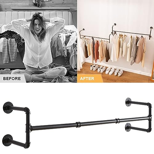 IBUYKE Wall Mounted Clothes Rail, 127cm Industrial Pipe Clothes Bar Rack, Heavy Duty Retro Wall Tidy Rail - Image 4