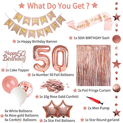 50Th Birthday Decorations For Women, Happy Birthday Banner, 50Th Birthday Cake Topper Rose Gold Curtain Happy 50Th Birthday Sash Number 50 Foil Balloon For Anniversary Decor Birthday Party Backdrop #TOP1