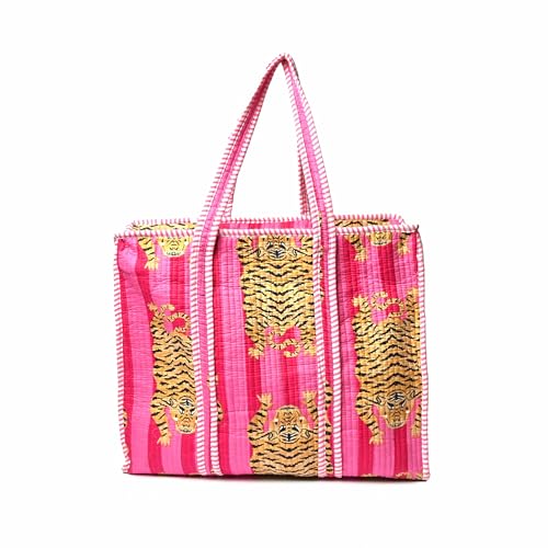 IGH Tropical Beach Tote Bag, Cotton Canvas, Leopard and Palm Tree Print, Blue, Double Handle For Women 18 x 5 x 18 inches