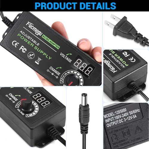 Facmogu 3V-12V 5A 60W Adjustable Power Supply with LED Display, Variable DC 3V 5V 6V 9V 12V Universal AC/DC Adapter, 100V-240V AC to DC 3-12V Switching Power Converter Multi-Voltage Regulated Adaptor2
