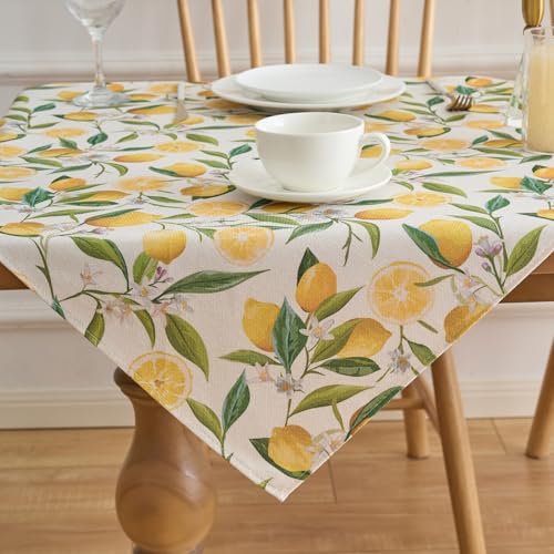 Tischdecke 85 x 85 Zitrone Modern Gelb Lemons Grüne Blätter Summer Tischdeko Zitrone Polyester Abwaschbar Dekoration für Drinnen Draußen Herbst Esstisch Party Dekor Hochzeiten Feiertage Geburtstag