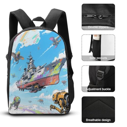 Air Battleship 3pcs Lightweight Travel Backpack Printed Backpack With Lunch Pack Storage Box Case3