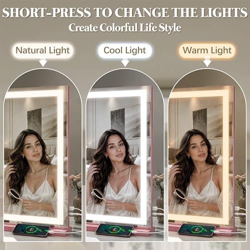 Image of FENNIO Large Vanity Mirror with Lights,35.5 inch x 27 inch LED Makeup Mirror,Hollywood Mirror with 3 Color Modes & Adjustable Brightness,Vanity Mirror Square Pink