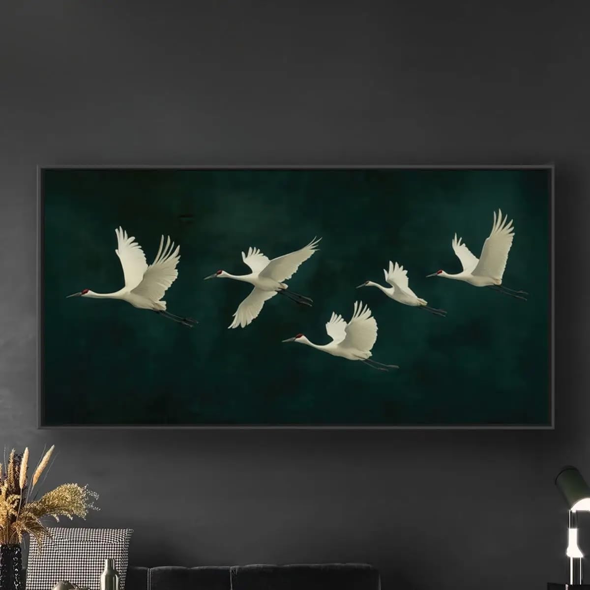 GOSRD Canvas Painting A Row of Flying Cranes Poster Prints Green Minimalist Nature Landscape Wall Art Picture Room Home Decor(55X110cm)
