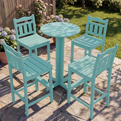 Image of Outdoor Bar Stools Set of 4, HDPE Adirondack Bar Chairs with Backs, All-Weather High Top Patio Chairs, Heavy Duty Armless Bar Height Chair for Balcony, Garden, Deck (Aruba Blue, 4pcs Set)
