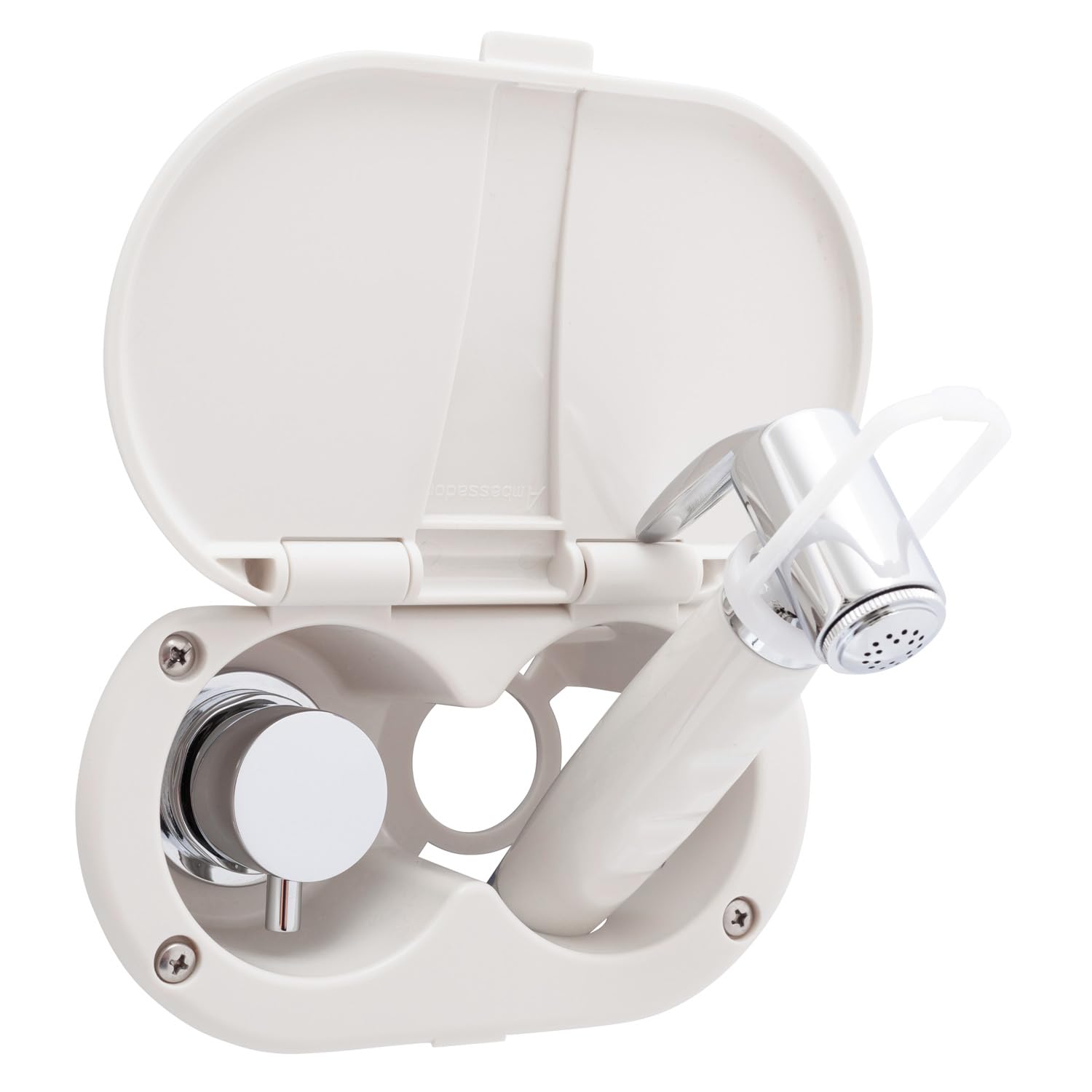 Ambassador Marine Aidack- Transom Shower (Hot/Cold Mixer), Warm White Cup & Lid, Hammer-Head Warm White Sprayer, 6' Stainless Steel Hose, Chrome Aidack Handle - 136-1716-WH-W