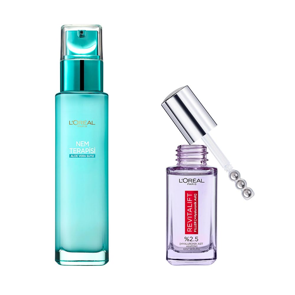 L’Oréal Paris Nem Terapisi Aloe Vera Suyu Normalden Karmaya Ciltler Krem & Revitalift Filler Aydınlatıcı Göz Serumu 20ml Cilt Bakım Seti