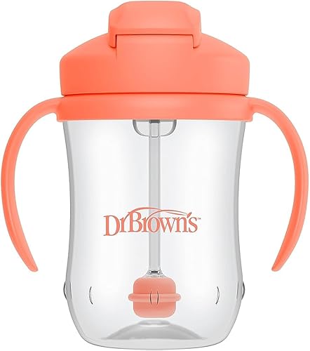 Miniatura 7 de Dr. Brown's - Primer vaso de entrenamiento Hitos con popote pesado para bebé, 9 oz/270 ml, color coral, libre de BPA, 6 meses en adelante