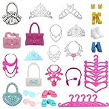 35 Pcs Doll Accessory Set for 11.5 Inch Fashion Dolls: 5 Generic Crowns, 5 Necklaces, 10 Hangers, 5 Pairs Shoes, 5 Bags, 2 Pairs Glasses, 2 Bracelets, 1 Pair Doll Earphones