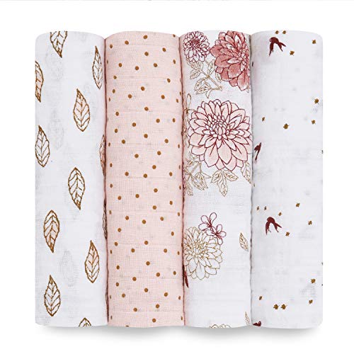 Image of aden + anais Swaddle Blanket, Boutique Muslin Blankets for Girls & Boys, Baby Receiving Swaddles, Ideal Newborn & Infant Swaddling Set, Perfect Shower Gifts, 4 Pack, Dahlias
