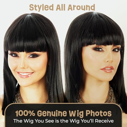 Image of ALLAURA Compatible with Black Cleopatra Wig for Women - Long Straight Bob Wig with Bangs - Egyptian Queen Costume Wig for Adults, Halloween, Ancient History Cosplay, Goddess Outfit, Party Accessory