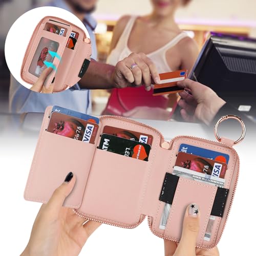 Image of Compatible with MagSafe Wallet,Magnetic Phone Wallet Card Holder for iPhone 17 /16 Pro Max /15 Pro /14 Plus /13 /12 Series,PU Leather Zipper Pocket Adjustable Stand-Rose Gold