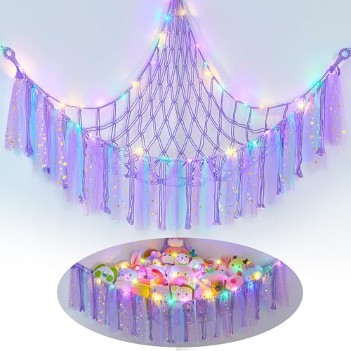 Image of FIOBEE Stuffed Animals Net LED Light Toy Hammock for Kids Bedroom Storage | Stuffed Animals Storage Organizer, Girls Room Decor, Teddy Bear Holder, Space Saving, for Kids Nursery Bedroom Playroom
