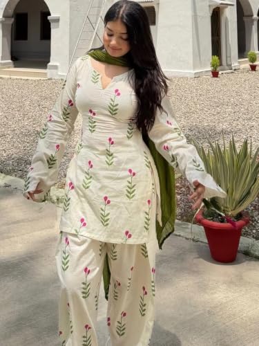 Image of ANNI DESIGNER Farshi Salwar Suit for Women | Viscose Kurta and Farshi Salwar with Dupatta | Floral Straight Outfit | Farsi Farasi Parsi Ethnic Indian Office Party Wedding Clothing Fashion 3 Piece