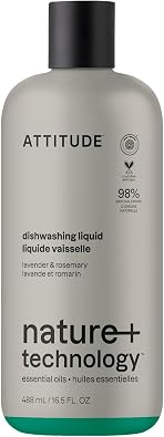 ATTITUDE Dish Soap, Infused with Essential Oils, Plant-Based Ingredients, EWG Verified, Great for Clean and Sparkling Dishes, Vegan Dishwashing Liquid, Lavender & Rosemary, 16.5 Fl Oz