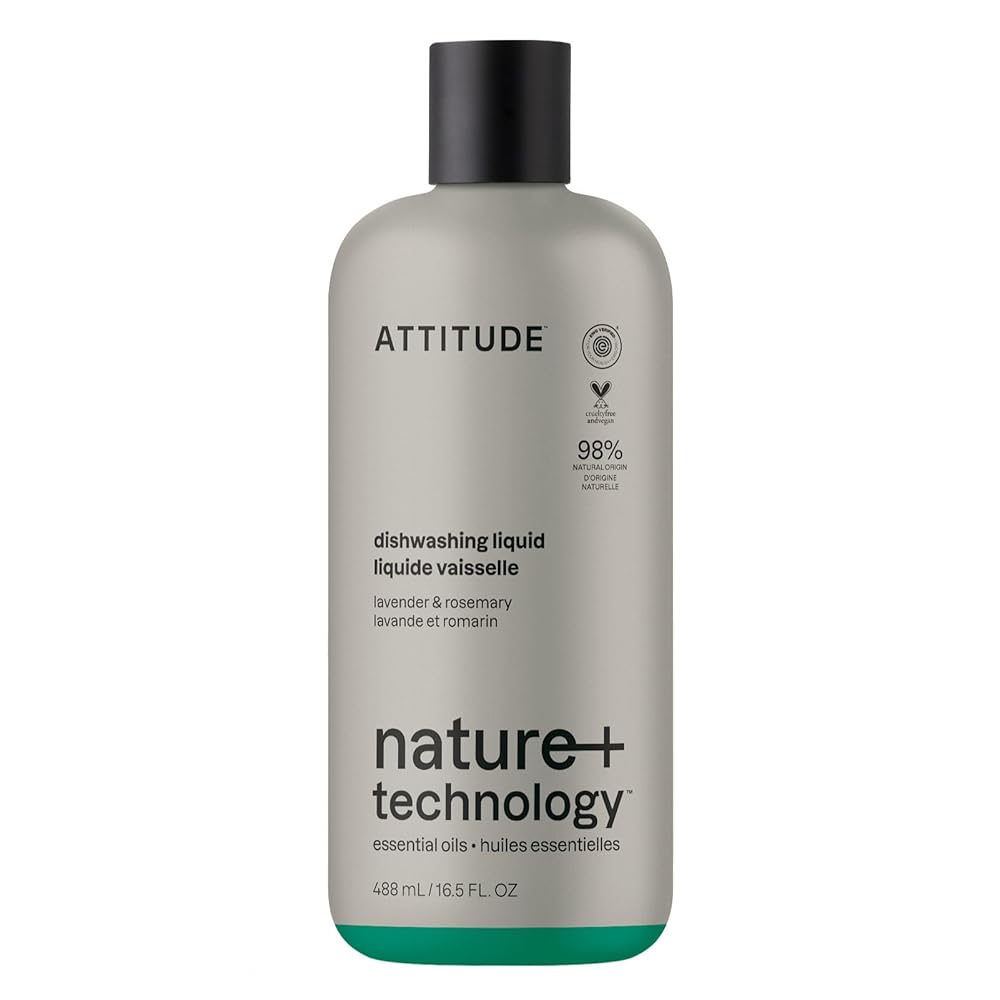 ATTITUDE Dish Soap, Infused with Essential Oils, Plant-Based Ingredients, EWG Verified, Great for Clean and Sparkling Dishes, Vegan Dishwashing Liquid, Lavender & Rosemary, 16.5 Fl Oz