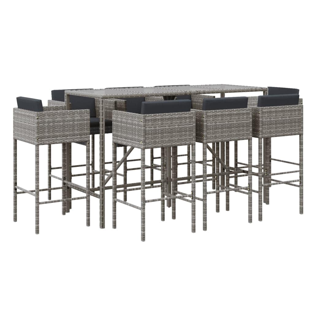 Juego de 9 muebles de jardín con cojines, gris de poliratán, mesa de bar, 180 x 70 x 110 cm, resistente a la intemperie, juego de muebles para exteriores, para terraza, balcón y jardín