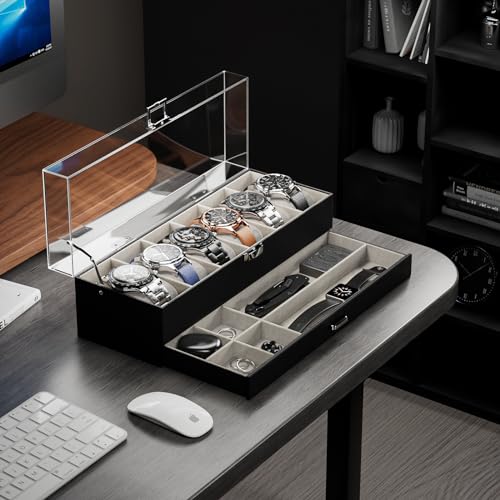 6-Slot Black Watch Case with Clear Acrylic Lid for Men and Women