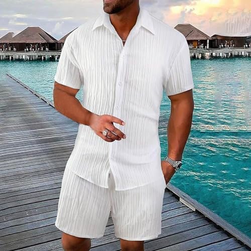 Men Summer Casual Short Sets Solid Textured Short Sleeve Button Down Shirt Drawstring Shorts 2 Piece Beach Outfits2