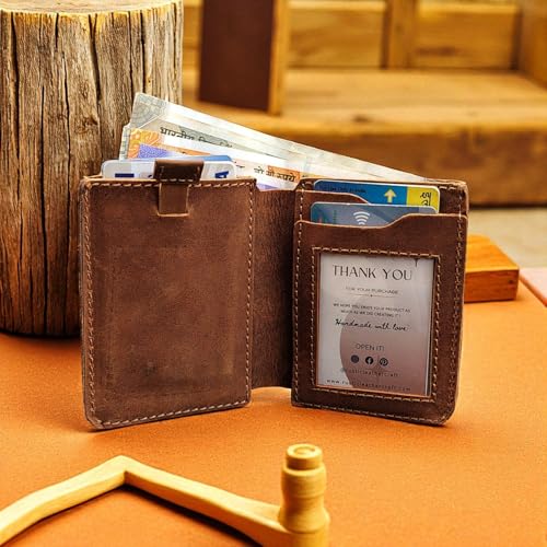 Image of Full Grain Leather Wallet for Men - Slim Card & Cash Holder with Easy Card Pull Strap, ID Window, Minimalist Brown Bifold